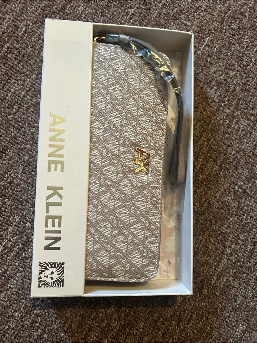 Anne Klein Metallic Champagne Patterned Wristlet with Gold Logo
